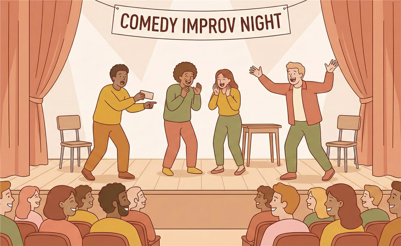 Illustration of improvisers performing together on stage